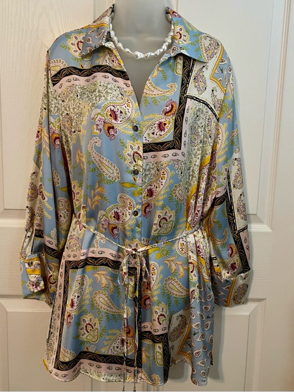 NWT CATO Paisley Print Button-Front Tunic Blouse in Pastel Blue Print 18/20